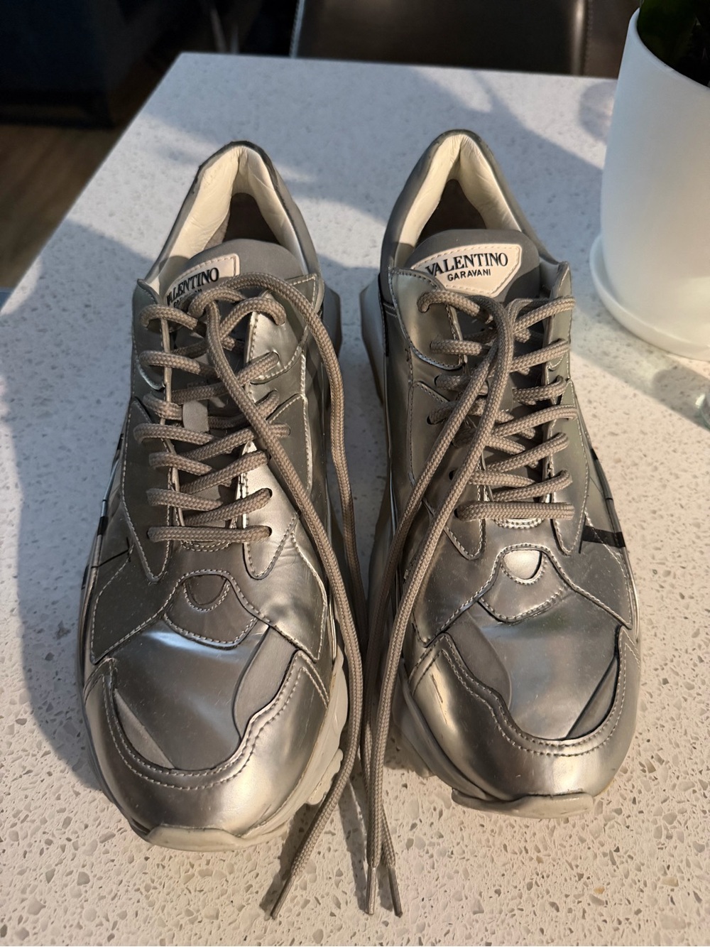 Valentino Garavani Men’s Silver Metallic Lace-Up Sneakers